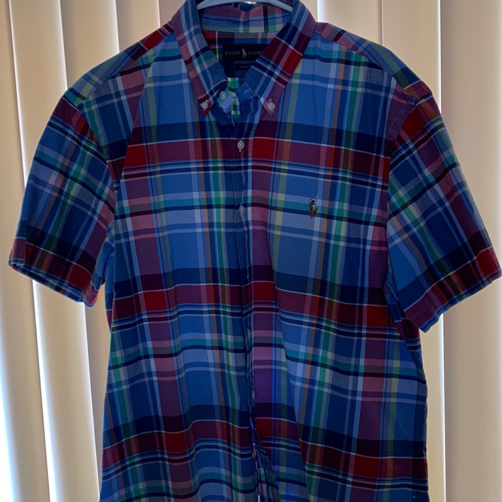 Ralph Lauren mens xl button down plaid dress shirt 24 pit to pit 27 length  slim